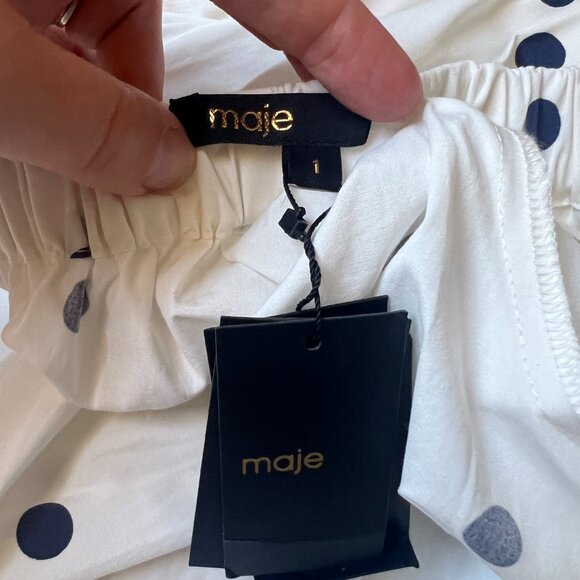 Maje Paris White Navy Polka Dot Belted Dress NWT Sz 4 - Picture 8 of 9